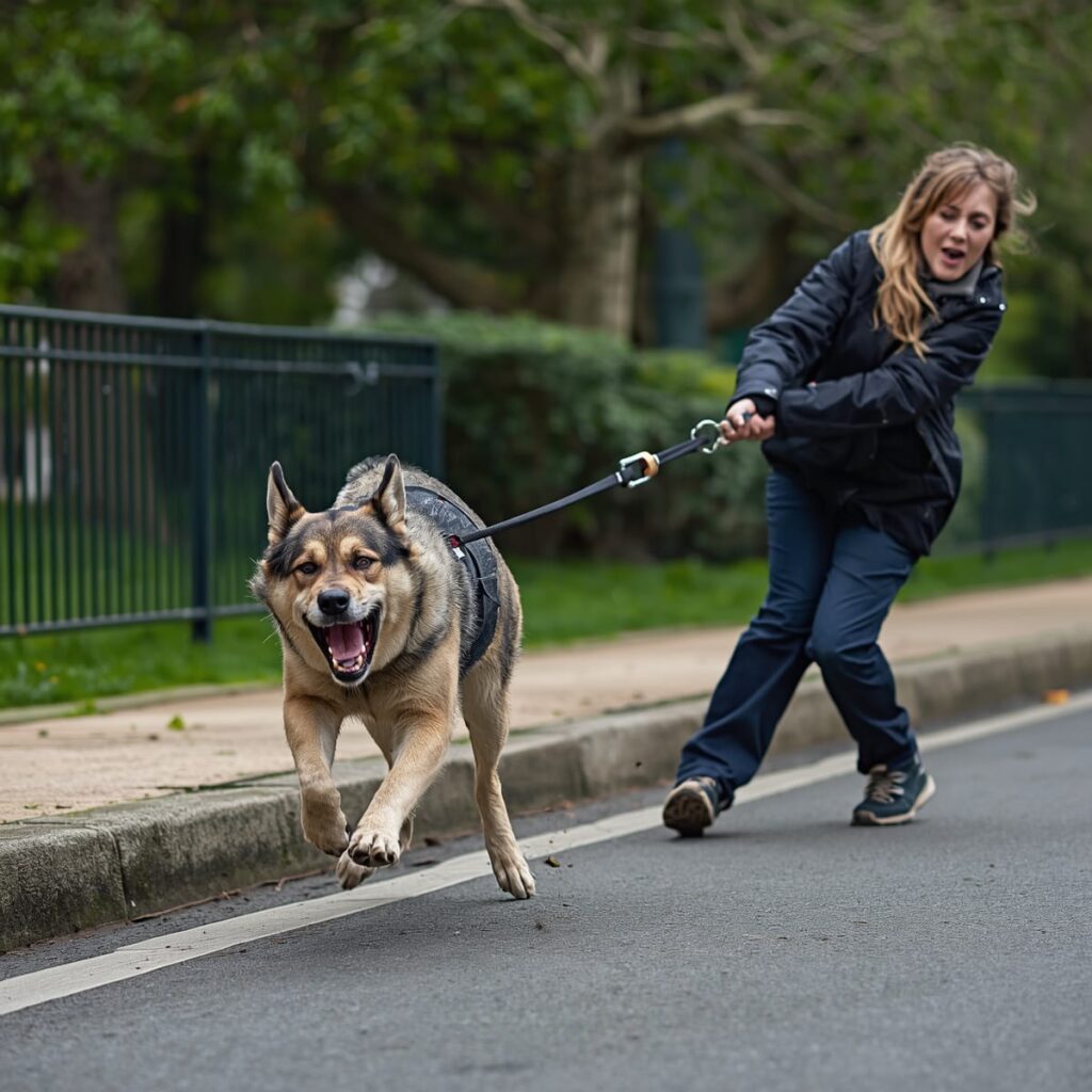 cane che tira al guinzaglio donna bionda