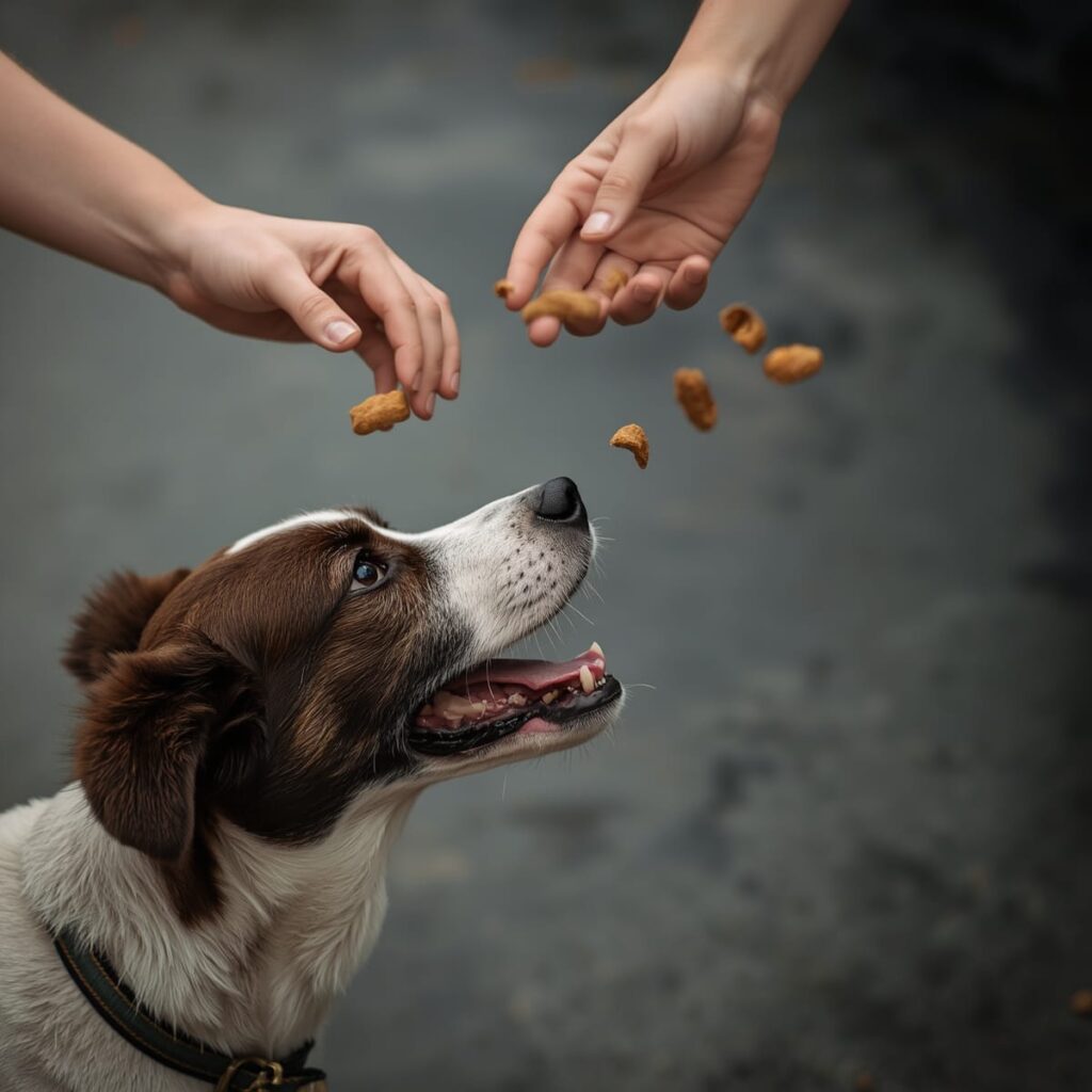mani che danno crocchette ad un cane come rinforzo positivo per il suo comportamento